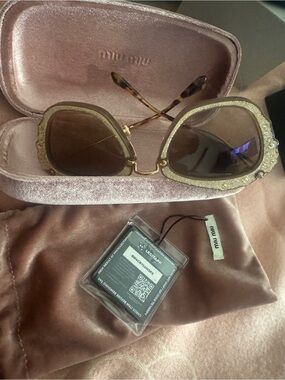 Miu Miu Gold Glitter Frame Sunglasses with Brown Lenses